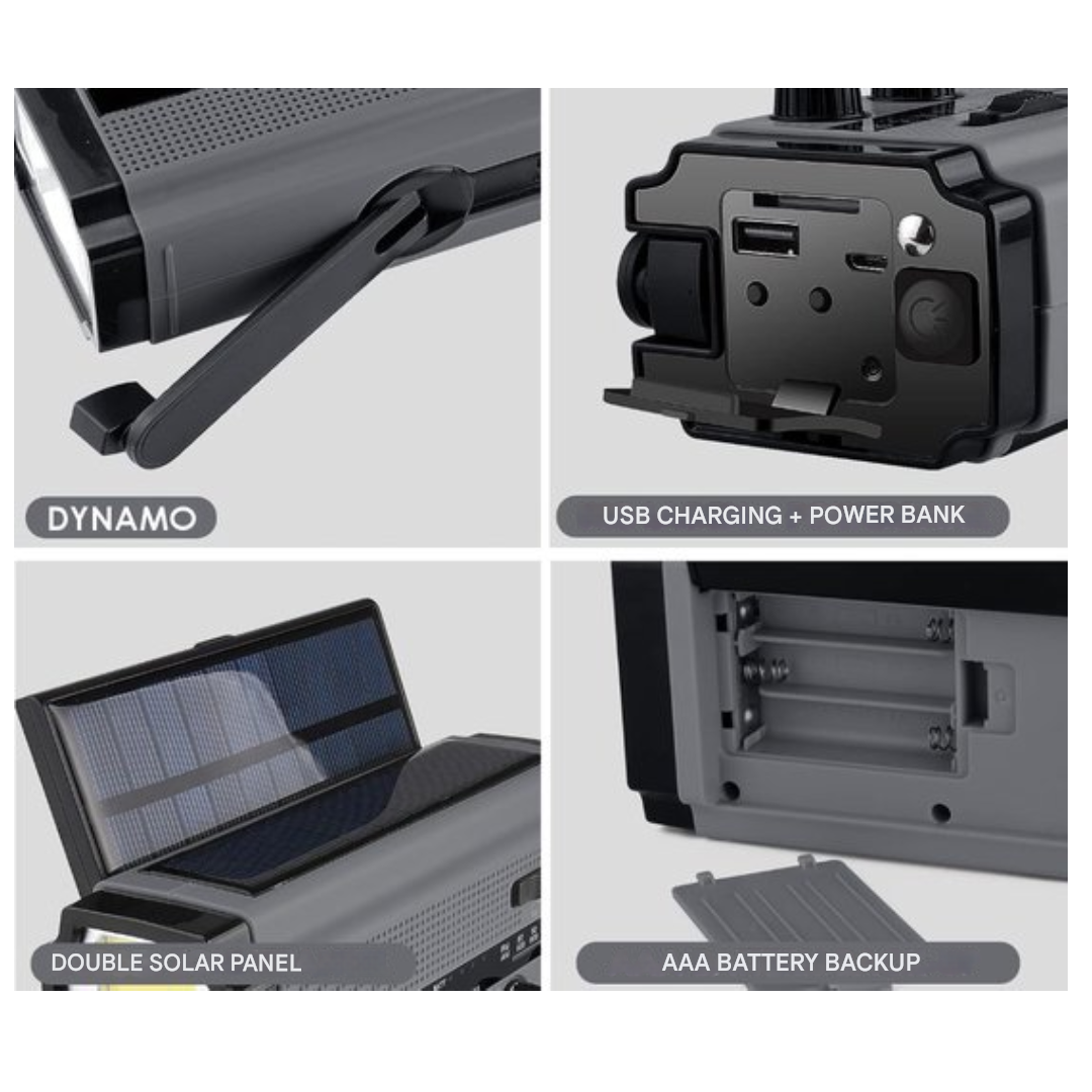 3-in-1 Notradios mit Dynamo, Solarzellen & Powerbank - SafeWave