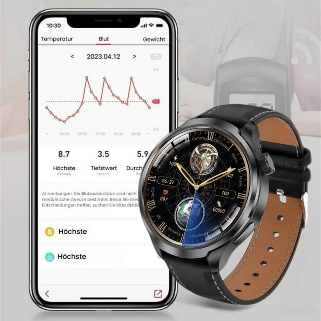 VitalSense Pro X - Gesundheits-Smartwatch mit Lederarmband (2025)