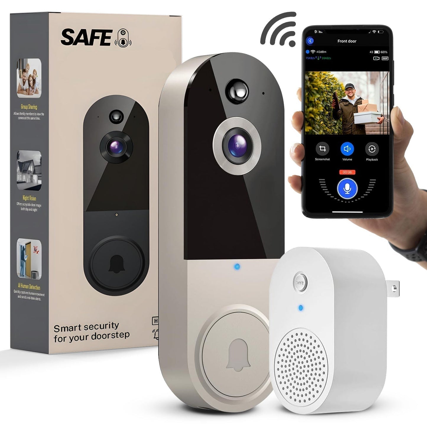 Kabellose Video-Türklingel mit KI-Bewegungserkennung & Audio