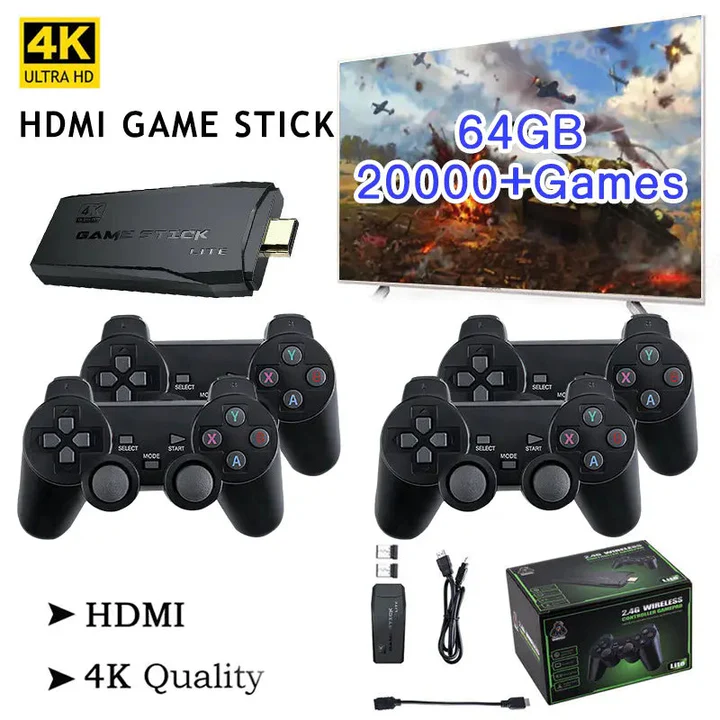kaufsy | HDMI 4K TV Spielstick Konsole | 64GB mit über 20.000 Retro-Spielen & 2 kabellosen Gamepads