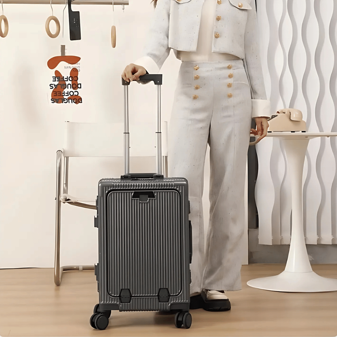 kaufsy | Manhattan Pro – Hartschalen-Handgepäckkoffer mit Aluminiumrahmen, Laptopfach und USB-Anschlüssen