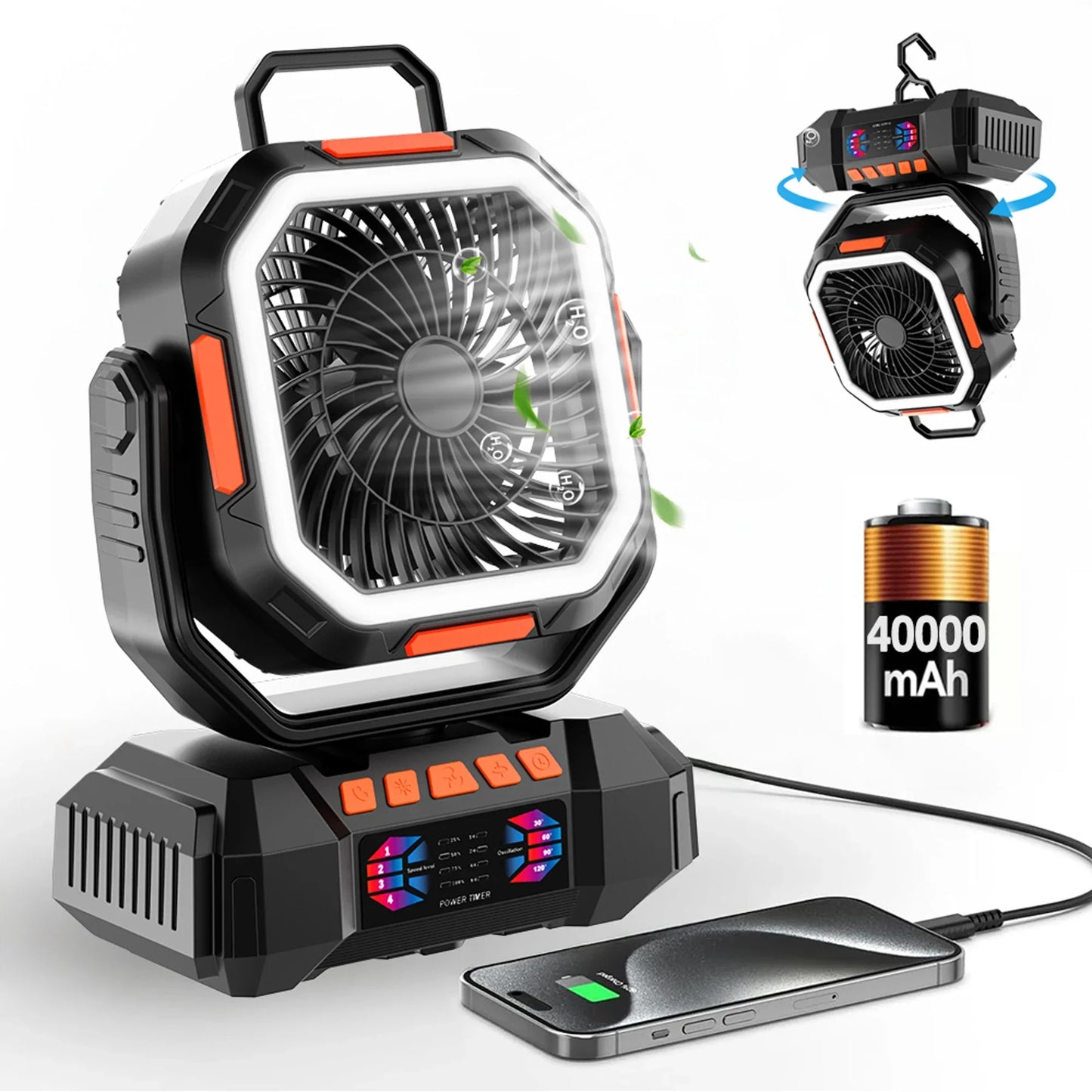 kaufsy | Wiederaufladbarer Campingventilator mit 40000mAh Akku & LED Laterne – F22