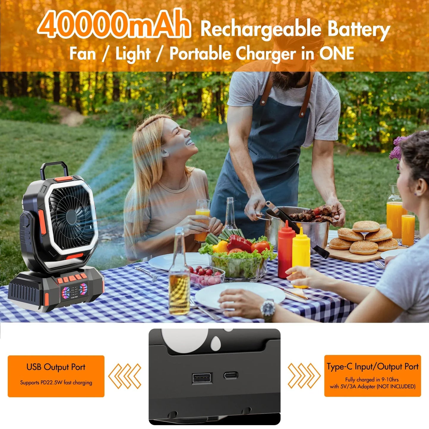 kaufsy | Wiederaufladbarer Campingventilator mit 40000mAh Akku & LED Laterne – F22