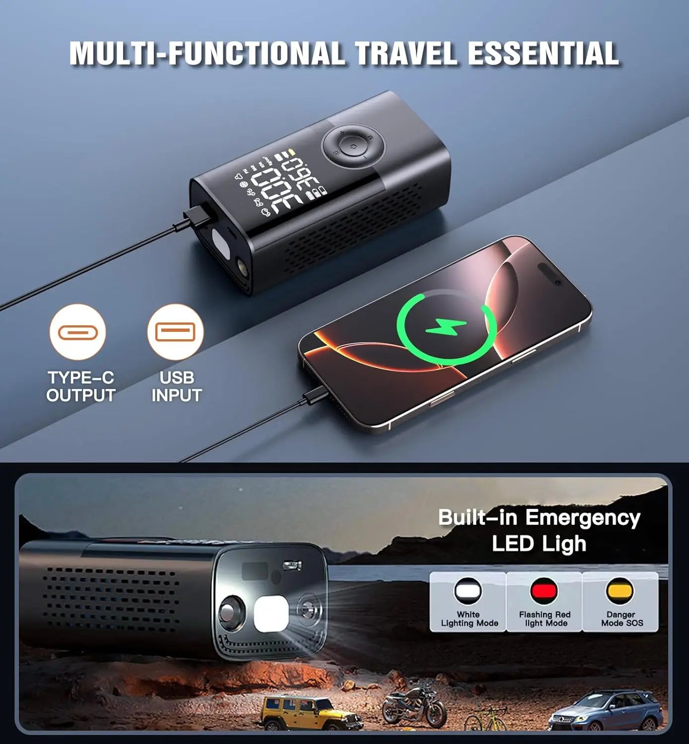 Kaufsy™ Kabelloser Reifenfüllkompressor 150PSI, 4000mAh, LCD, USB-C