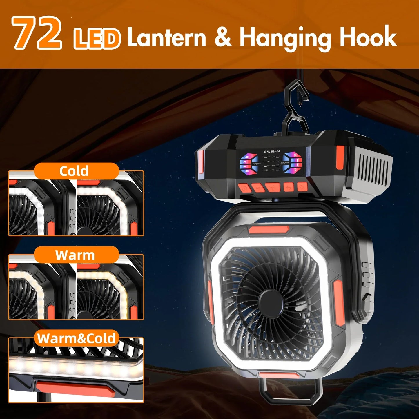 kaufsy | Wiederaufladbarer Campingventilator mit 40000mAh Akku & LED Laterne – F22