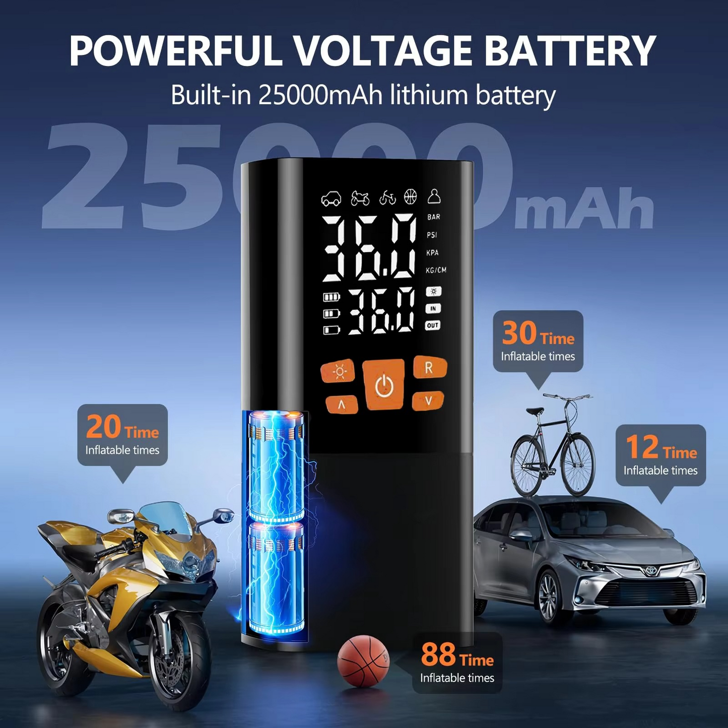 kaufsy | Tragbarer Reifenfüller Luftkompressor, 180 PSI Wiederaufladbare Pumpe mit 25000mAh Akku