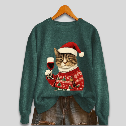 Damen Ugly Christmas Sweater, lustiger Katzen-Santa Pullover