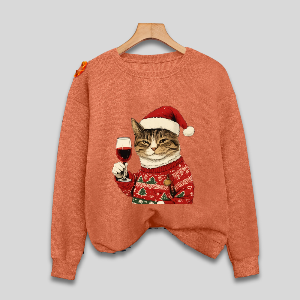 Damen Ugly Christmas Sweater, lustiger Katzen-Santa Pullover