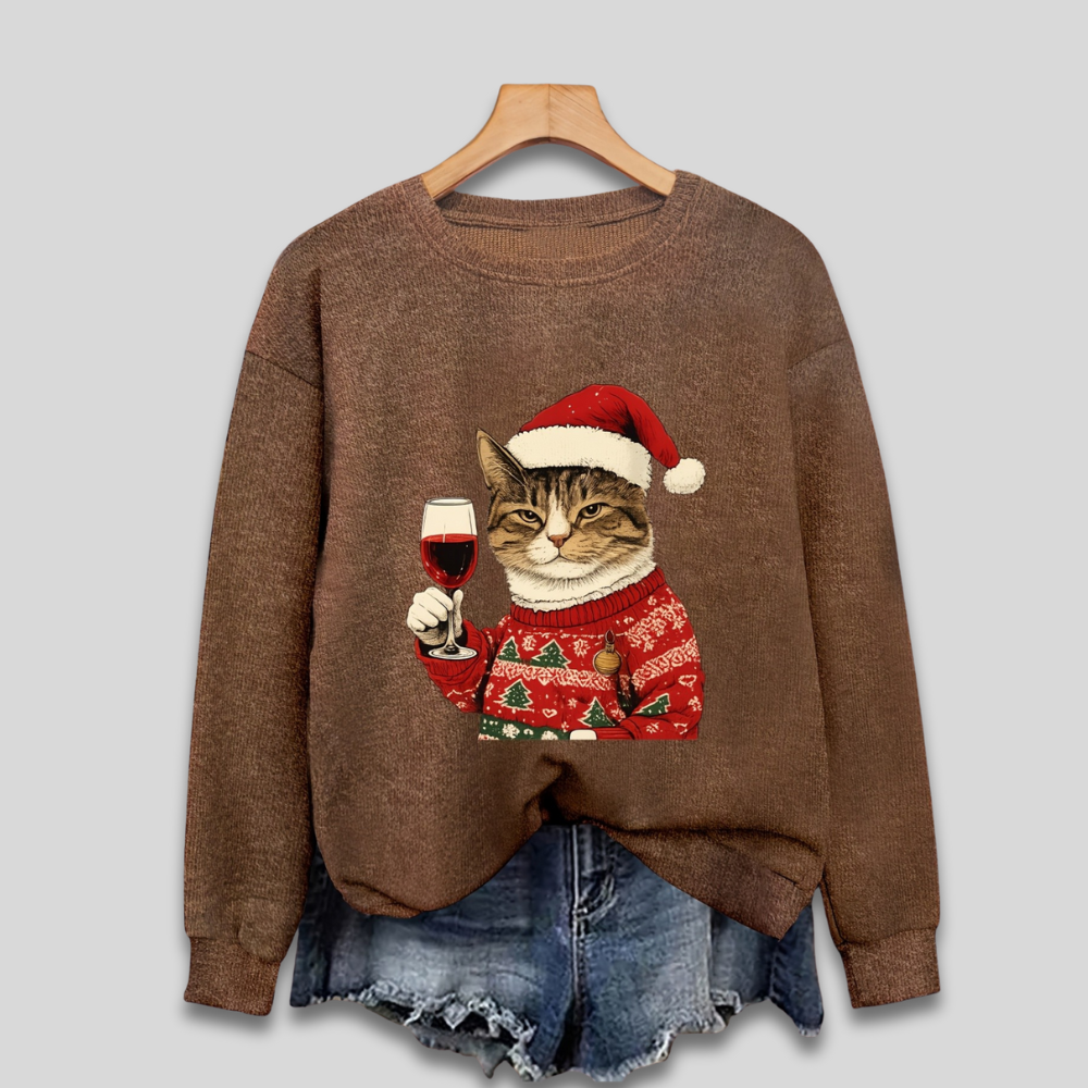 Damen Ugly Christmas Sweater, lustiger Katzen-Santa Pullover