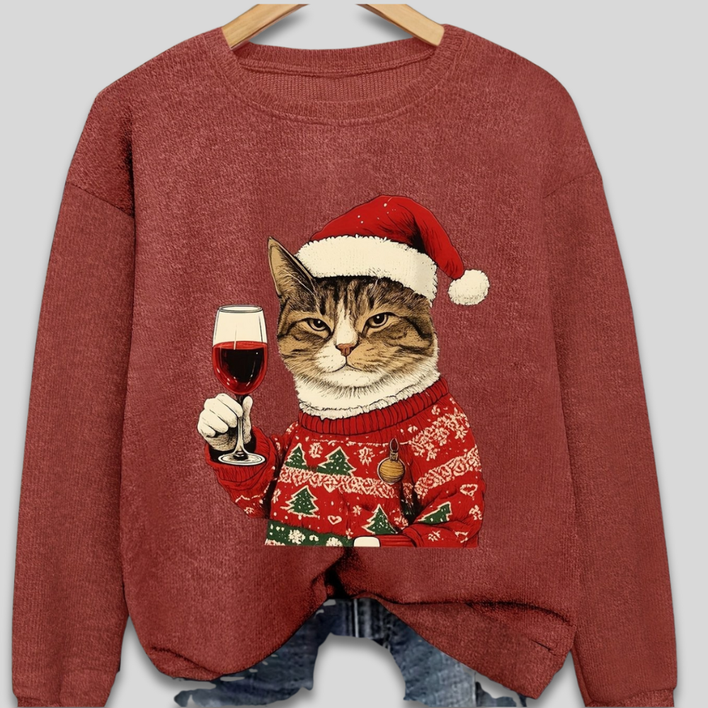 Damen Ugly Christmas Sweater, lustiger Katzen-Santa Pullover